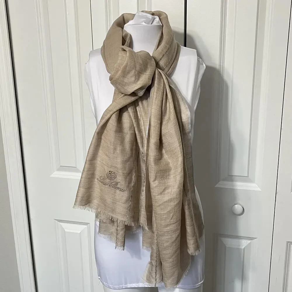 Loro Piana Shawl Wrap Womens Long Beige Cashmere Logo Stripe Scarf Italy